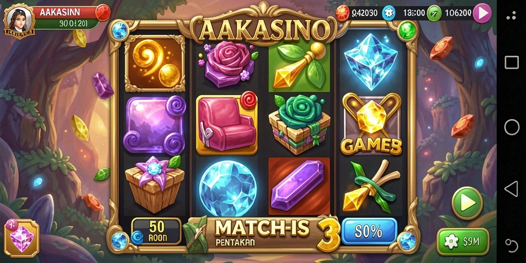 Screenshot AAKASINO menampilkan gameplay Match-3 yang seru.
