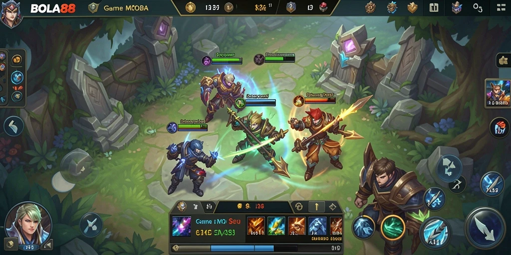Screenshot gameplay BOLA88 yang menampilkan aksi MOBA yang seru.