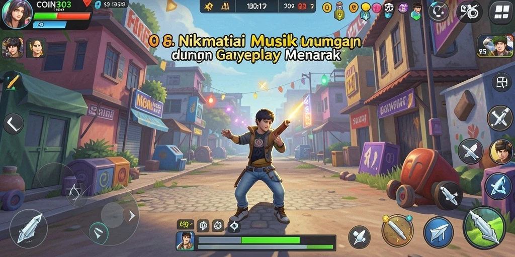 Tampilan seru gameplay COIN303 dengan musik dan tantangan.
