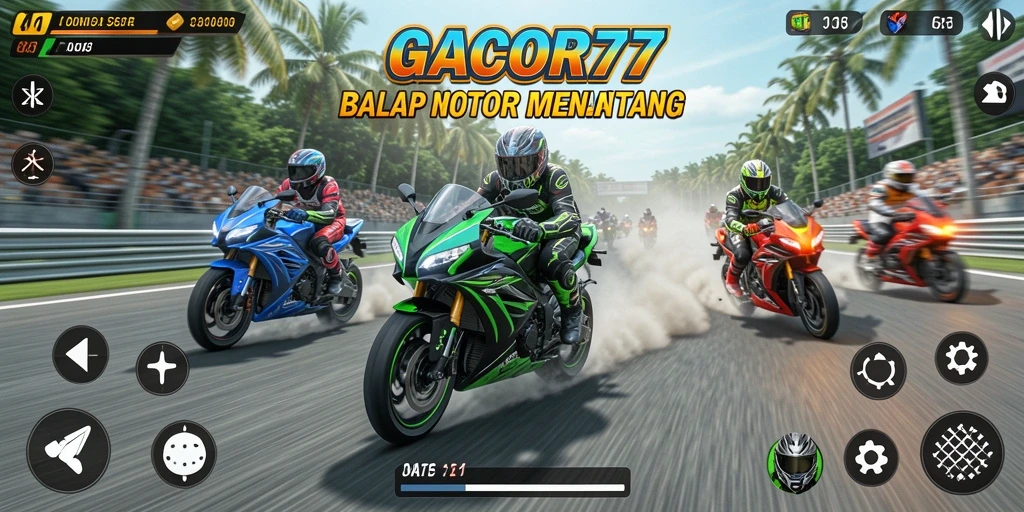 Tampilan gameplay GACOR77 yang penuh aksi balap motor.