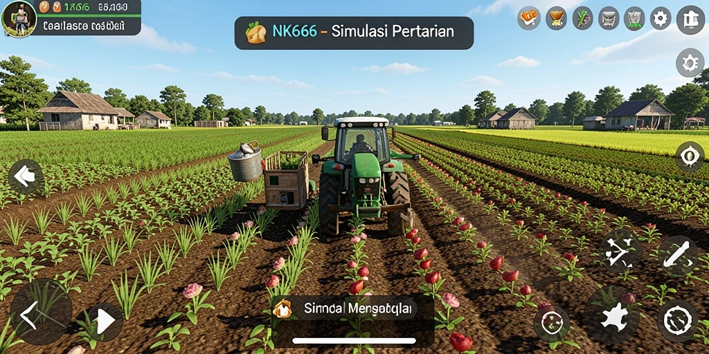 Screenshot gameplay NK666 menampilkan ladang hijau yang subur dan hewan peliharaan.