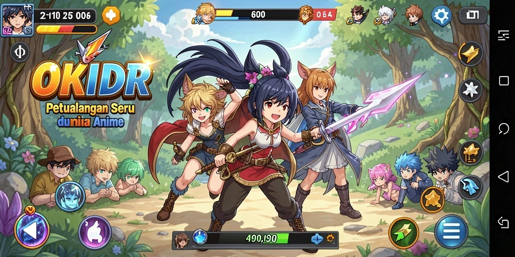 Tangkapan layar gameplay OKIDR menampilkan karakter anime yang beraksi.